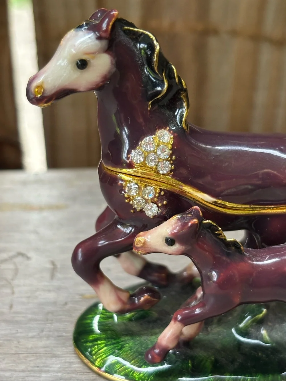 Mare & Foal Hand Painted Enameled Hinged Trinket Box with Crystal Accents 3”H
